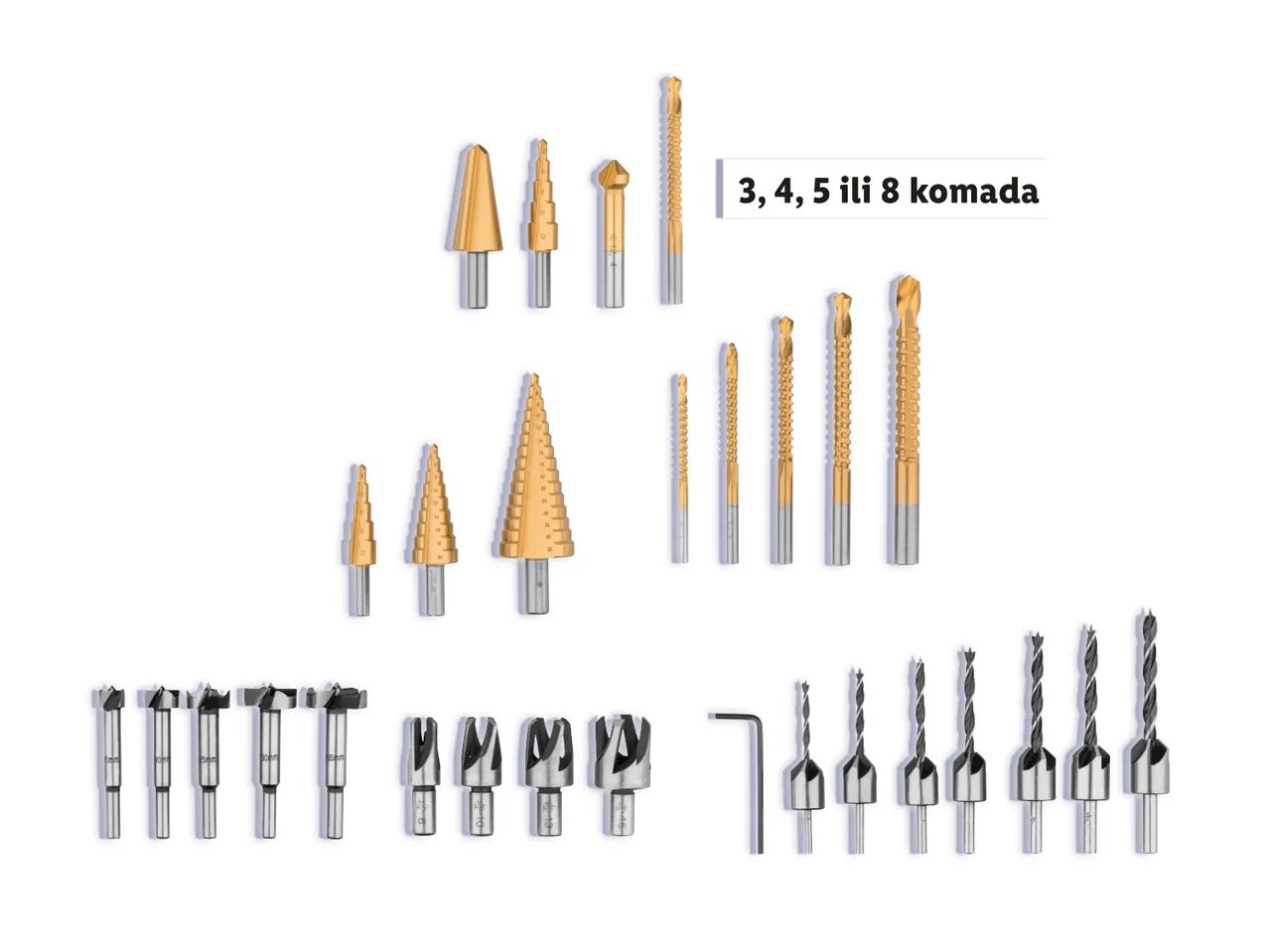Set bušilica s konusnim i ravnim vrhom, 3-8 komada.