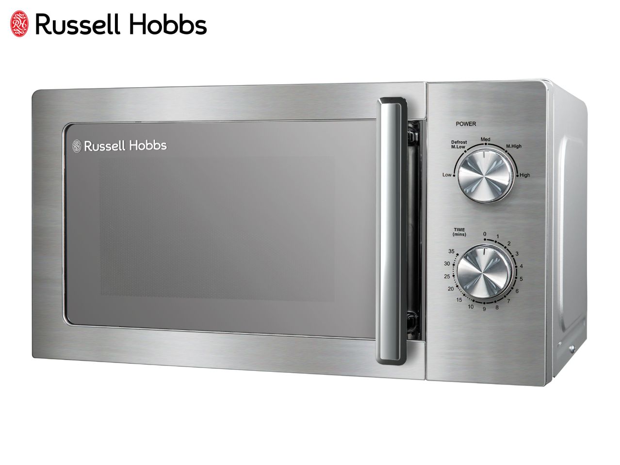 Stainless steel microwave oven with power and time dials