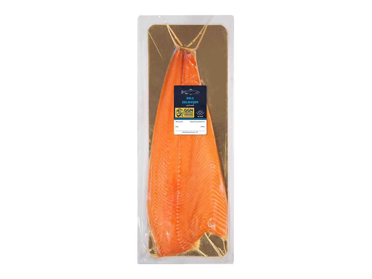Verpakte zalmzijde met huid, met een GGN-keurmerk en productinformatie.