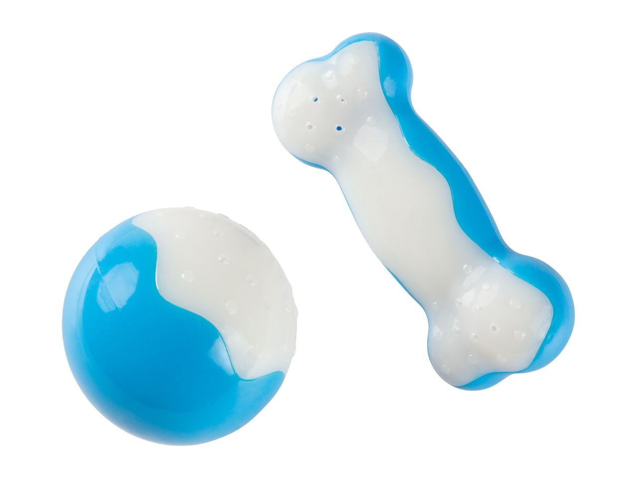 Blue and white dog toys: a ball and a bone-shaped chew toy.