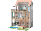 A multi-story Lupilu® wooden doll's house with furniture, a pool, and figures.