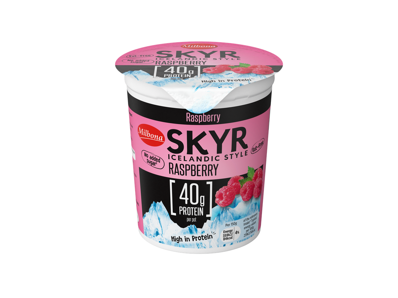 Raspberry Icelandic style skyr yogurt, fat-free with 40g protein per pot.