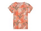 Κοντομάνικο γυναικείο t-shirt σε κοραλλί χρώμα με τροπικό φυλλώδες σχέδιο.