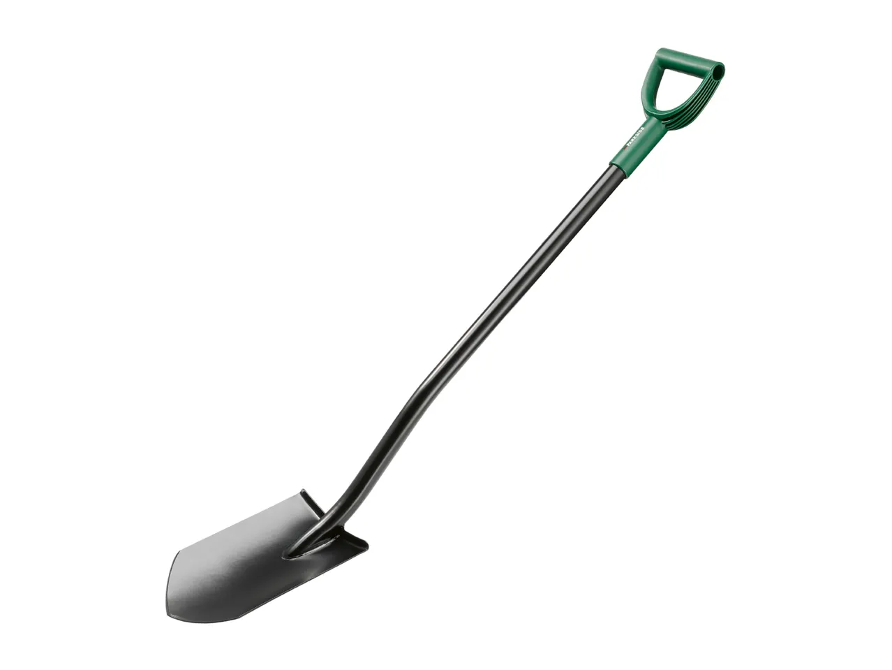 A black and green digging spade with a D-handle.