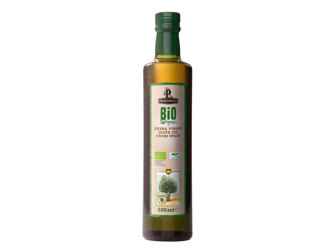 Primadonna Bio organikus extra szűz olívaolaj, 500 ml-es üvegben.