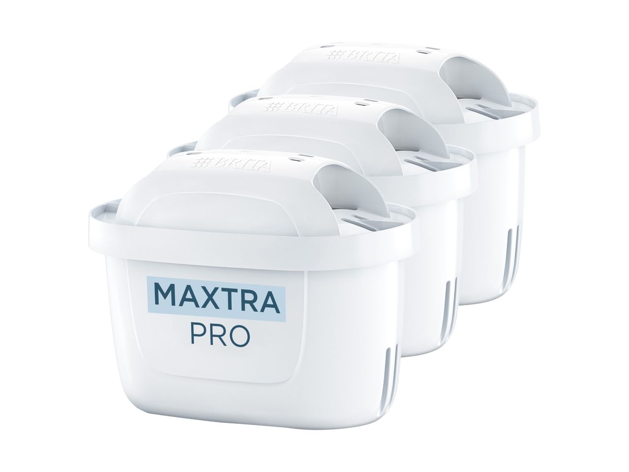 Three white Brita MAXTRA PRO water filter cartridges arranged diagonally.