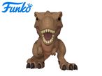 Brown dinosaur toy with an open mouth and sharp teeth, with a blue logo in the top left.