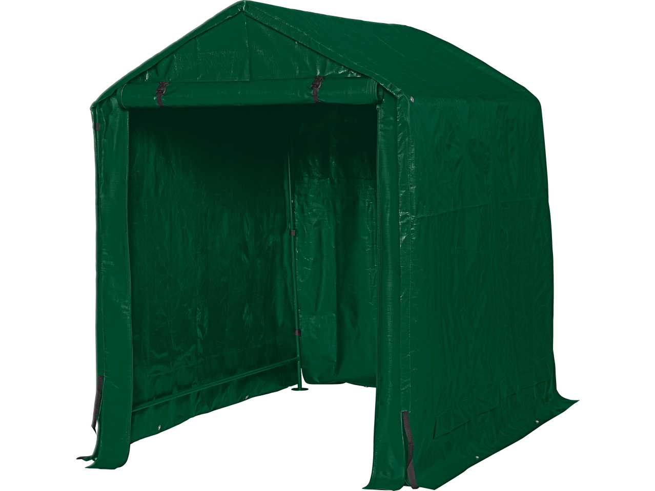 Green outdoor storage shed with an open front