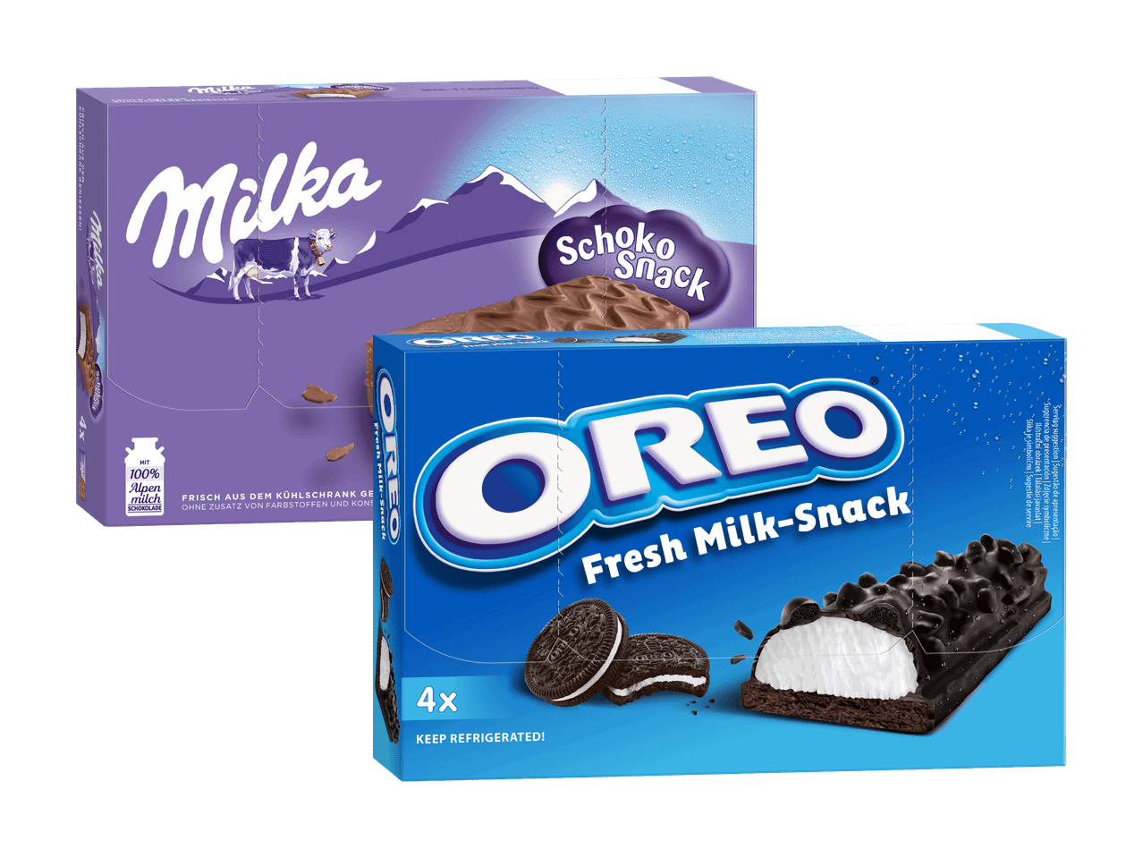 Milka Schoko Snack und Oreo Fresh Milk-Snack Packungen