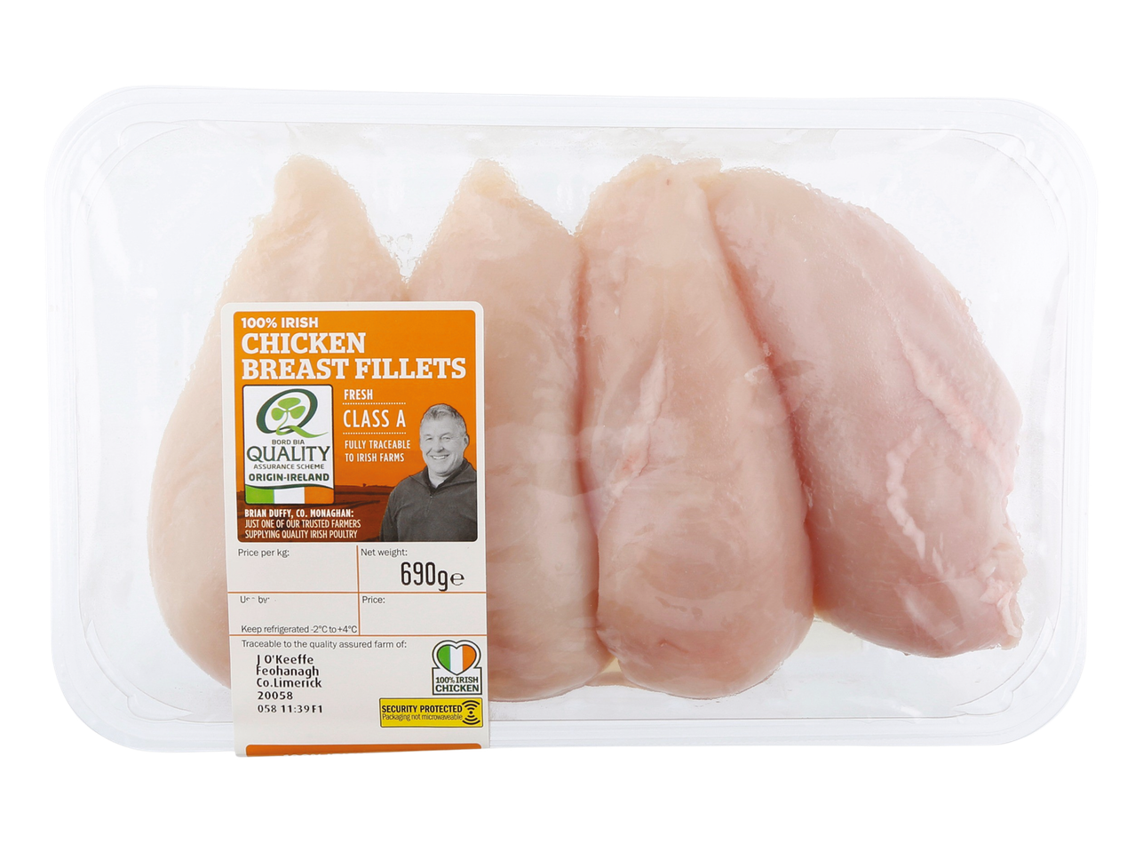 Pack of Irish chicken breast fillets with a label showing a farmer and product details.