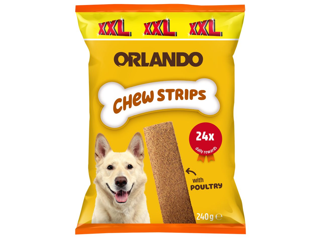 Жълта опаковка лакомства за кучета с надпис 'XXL', 'Chew Strips' и 'with Poultry'.