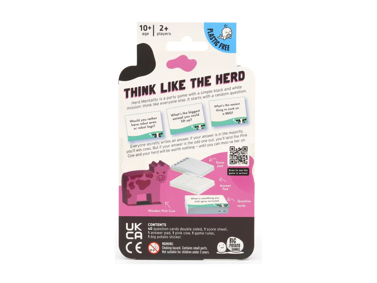 A party game called 'Think Like the Herd' for ages 10+ and 2+ players, featuring a pink cow, question cards, and score pads.