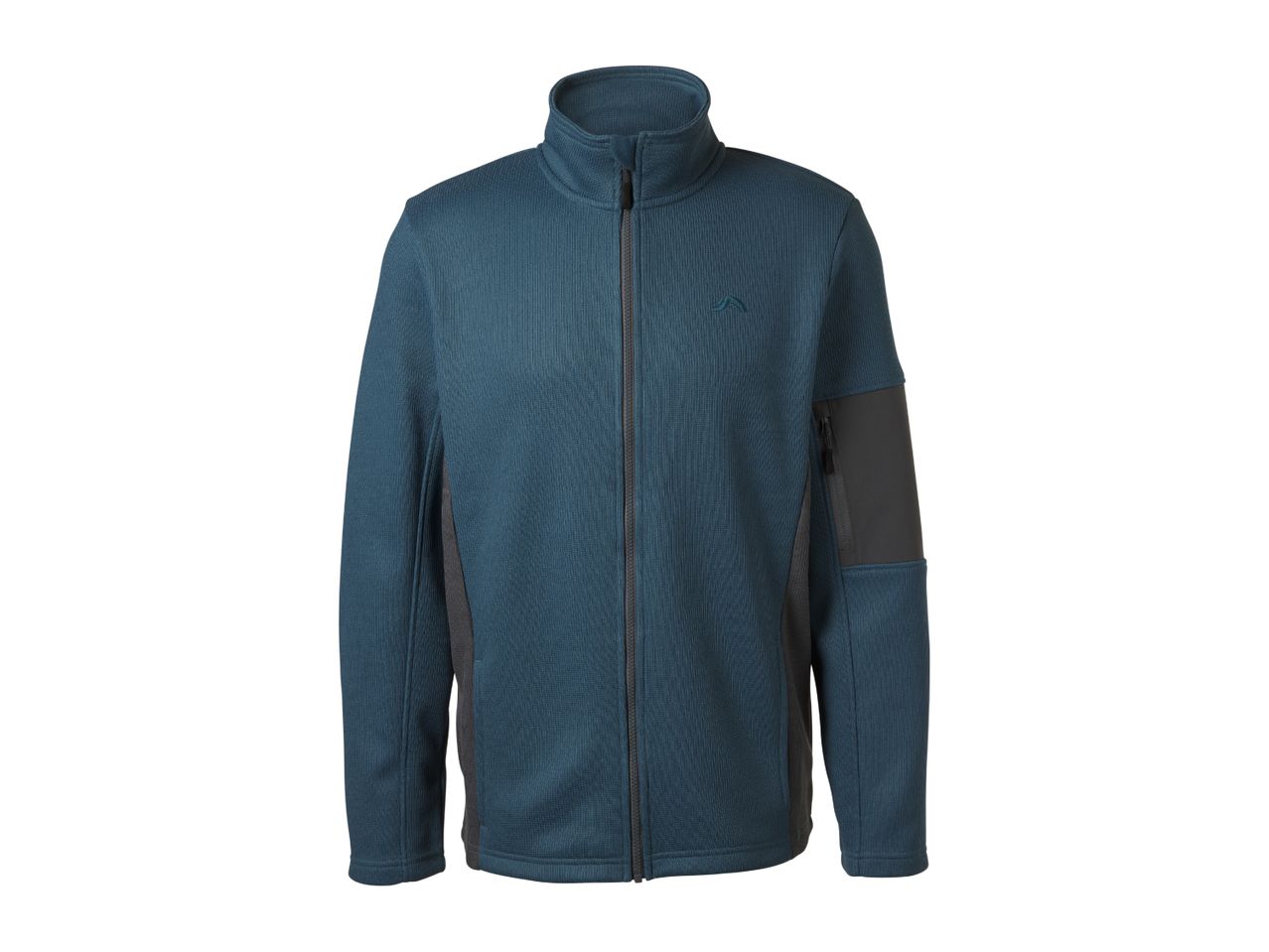 Men's blue and grey fleece jacket with a zipper and a small logo on the chest