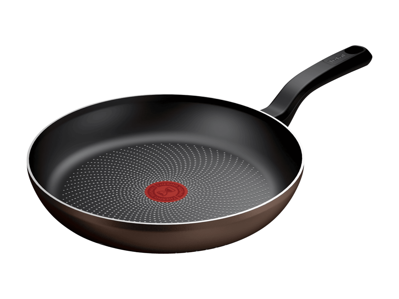 Tefal-paistinpannu, jossa on musta tarttumaton pinnoite ja ruskea ulkopinta