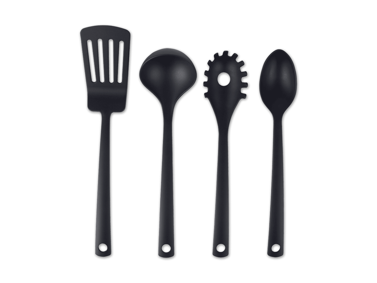 Schwarze Küchenutensilien: Pfannenwender, Schöpfkelle, Nudelheber und Löffel.