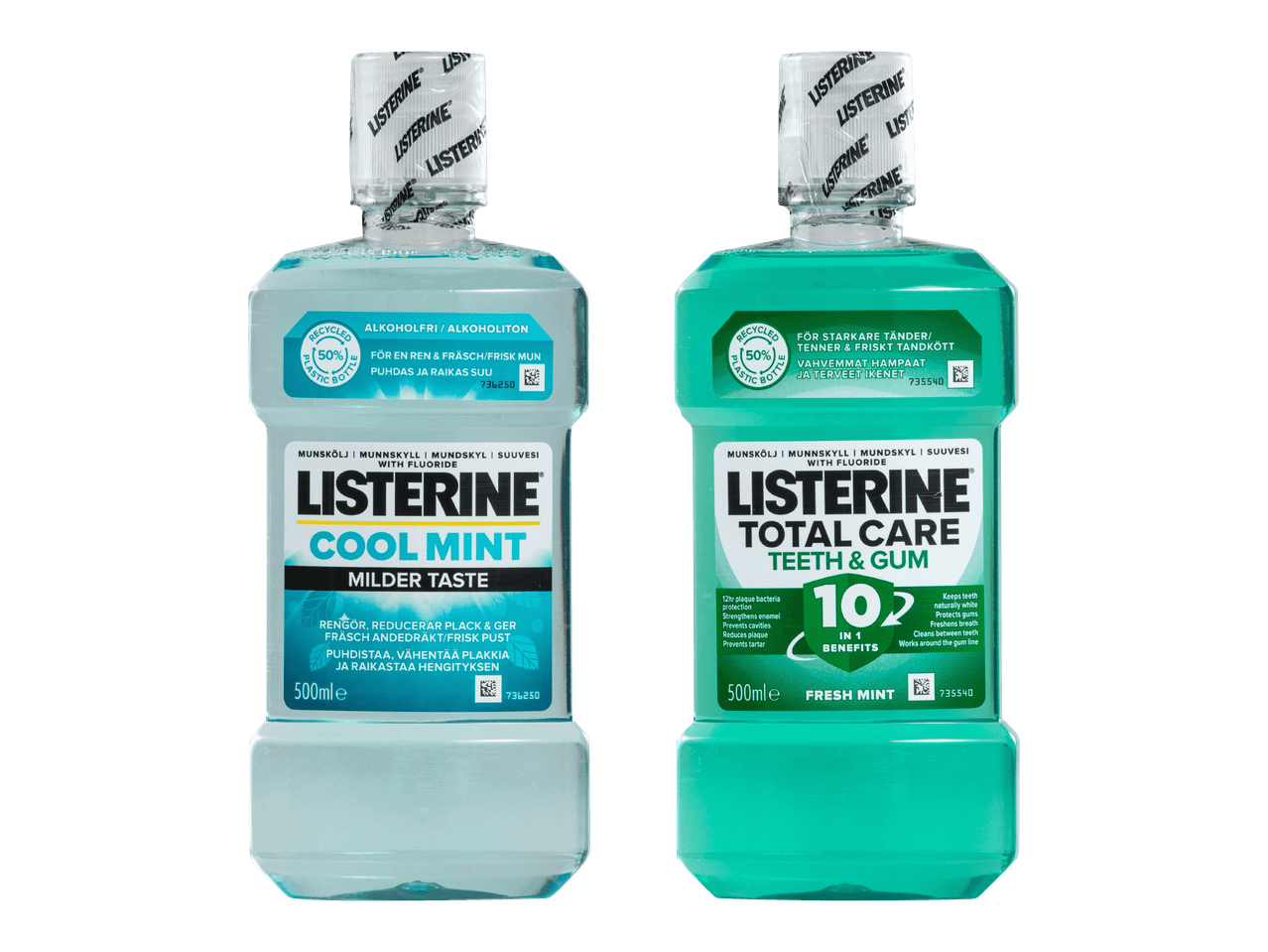 Listerine Cool Mint ja Total Care suuvesiä 500 ml pulloissa.