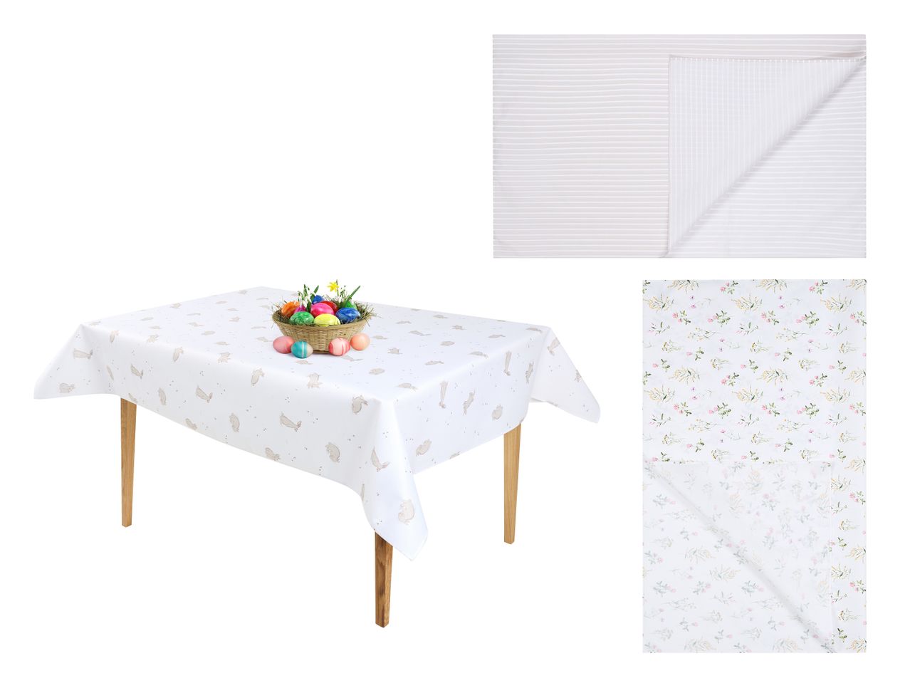 Tischdecke mit Hasenmotiv und Osterdekoration, daneben gestreifte und geblümte Stoffmuster.