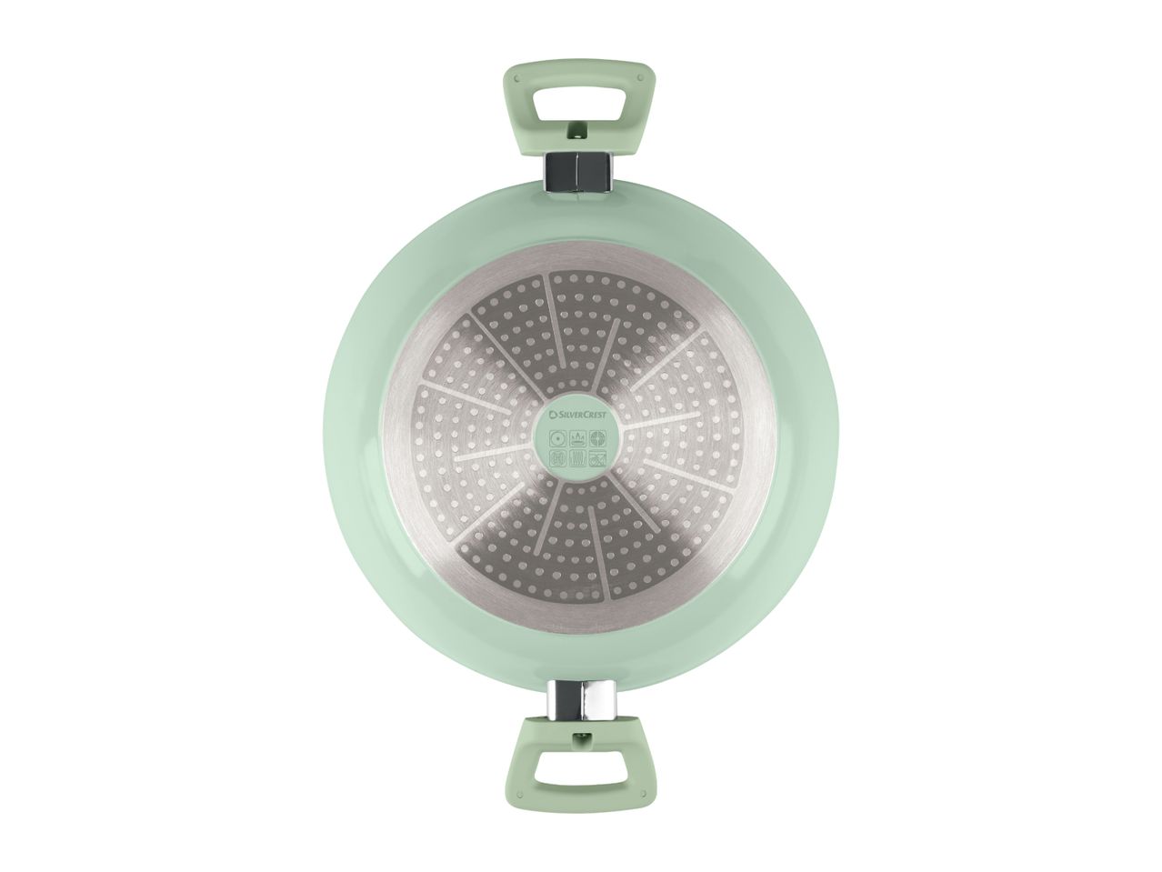 Bottom view of a light green cooking pot with two handles and a metallic base