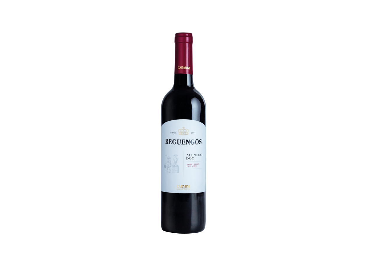Garrafa de vinho tinto Reguengos Vinho Tinto Alentejano com rótulo branco.