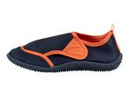 Dark blue and orange water shoe with a textured sole, side view.