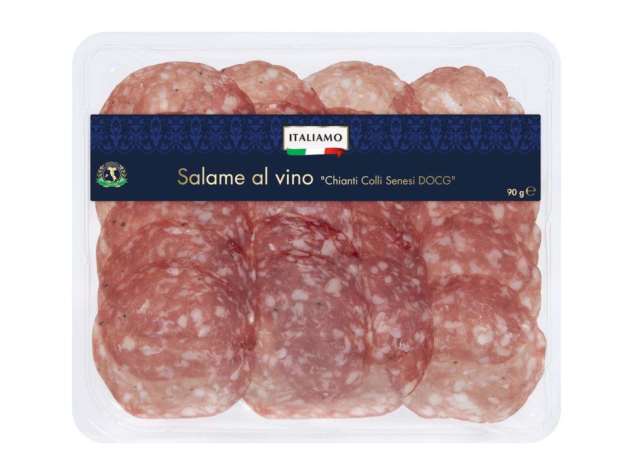 Packaged salami slices with a dark blue label, featuring text 'Salame al vino' and '90 g℮'.