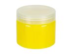 A small, cylindrical jar of bright yellow substance with a clear lid.