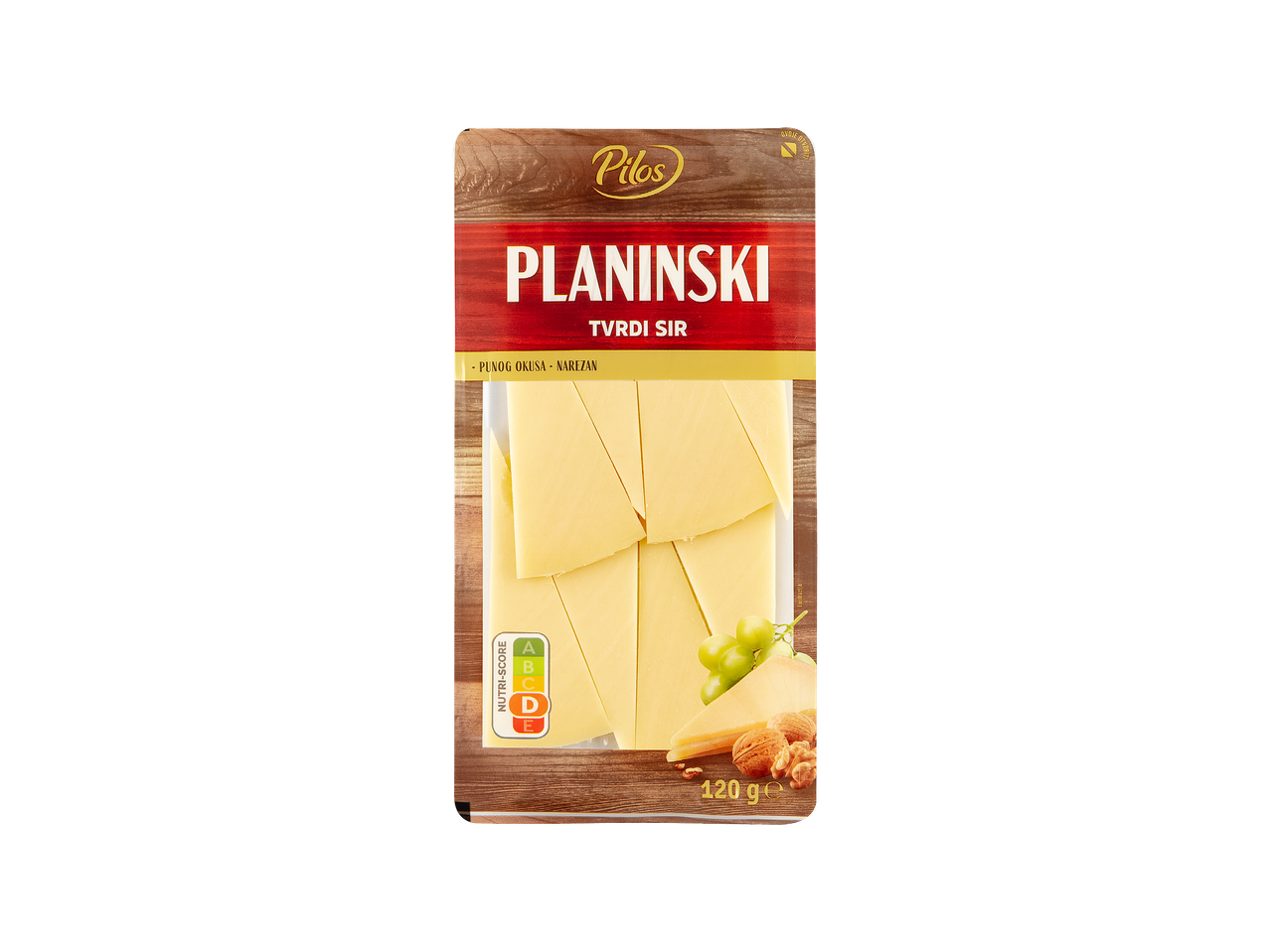 Pilos Planinski tvrdi sir, narezan, 120g, s Nutri-Score D oznakom.