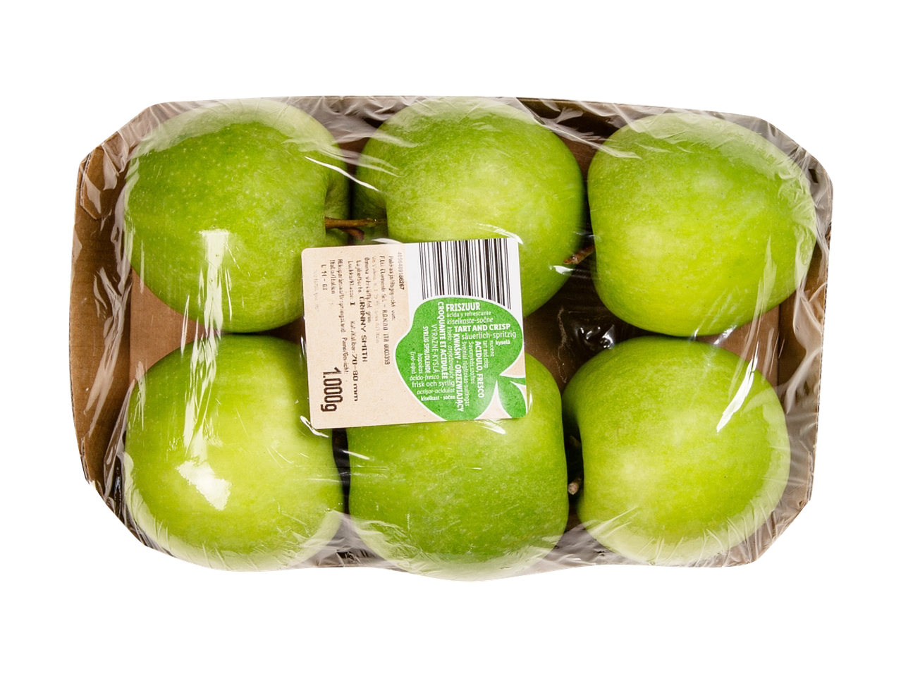Kuusi vihreää Granny Smith -omenaa muovipakkauksessa, jossa on tarra.