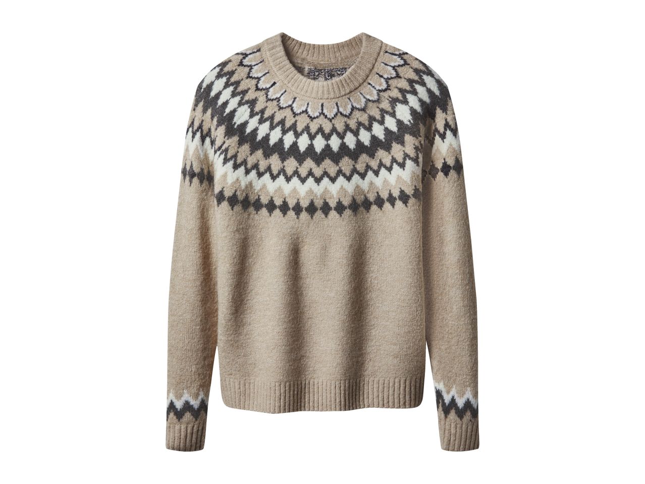 Women's beige knit sweater with a classic Fair Isle pattern around the collar and cuffs