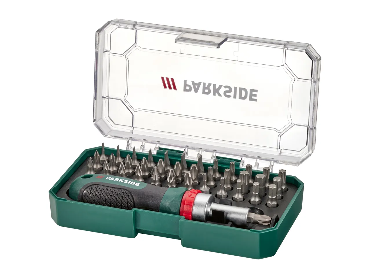 Parkside screwdriver set with various bits in a green and clear case.