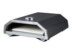 Black and silver pizza oven with a white pizza stone inside, viewed from an angle.