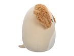 Side view of a beige and brown plush dog toy with a small tail