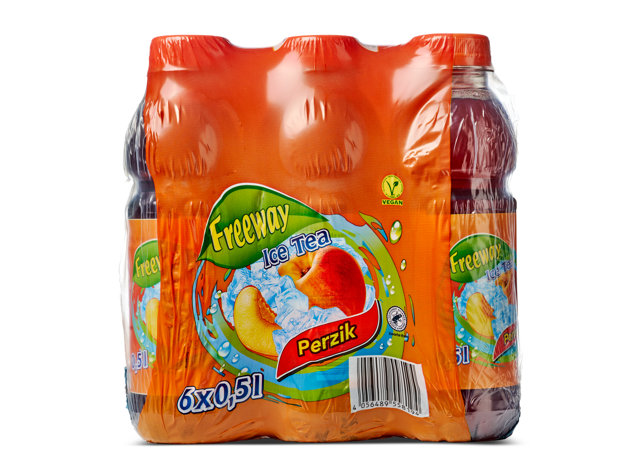 Freeway Perzik IJsthee, 6x0,5L verpakking, met vegan keurmerk en Rainforest Alliance certificering.