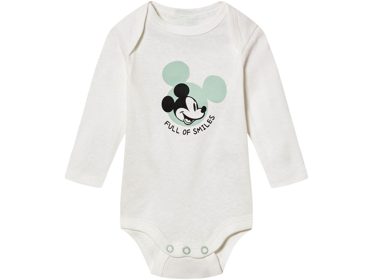 White long-sleeve baby bodysuit with a Mickey Mouse graphic and 'FULL OF SMILES' text.