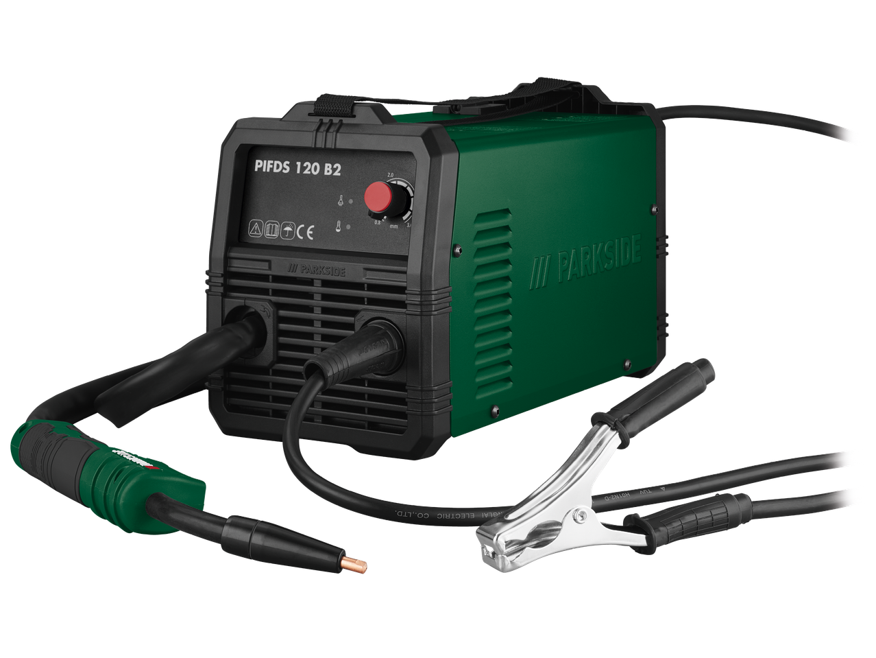 Зелен заваръчен апарат с кабели и щипки, модел PIFDS 120 B2.