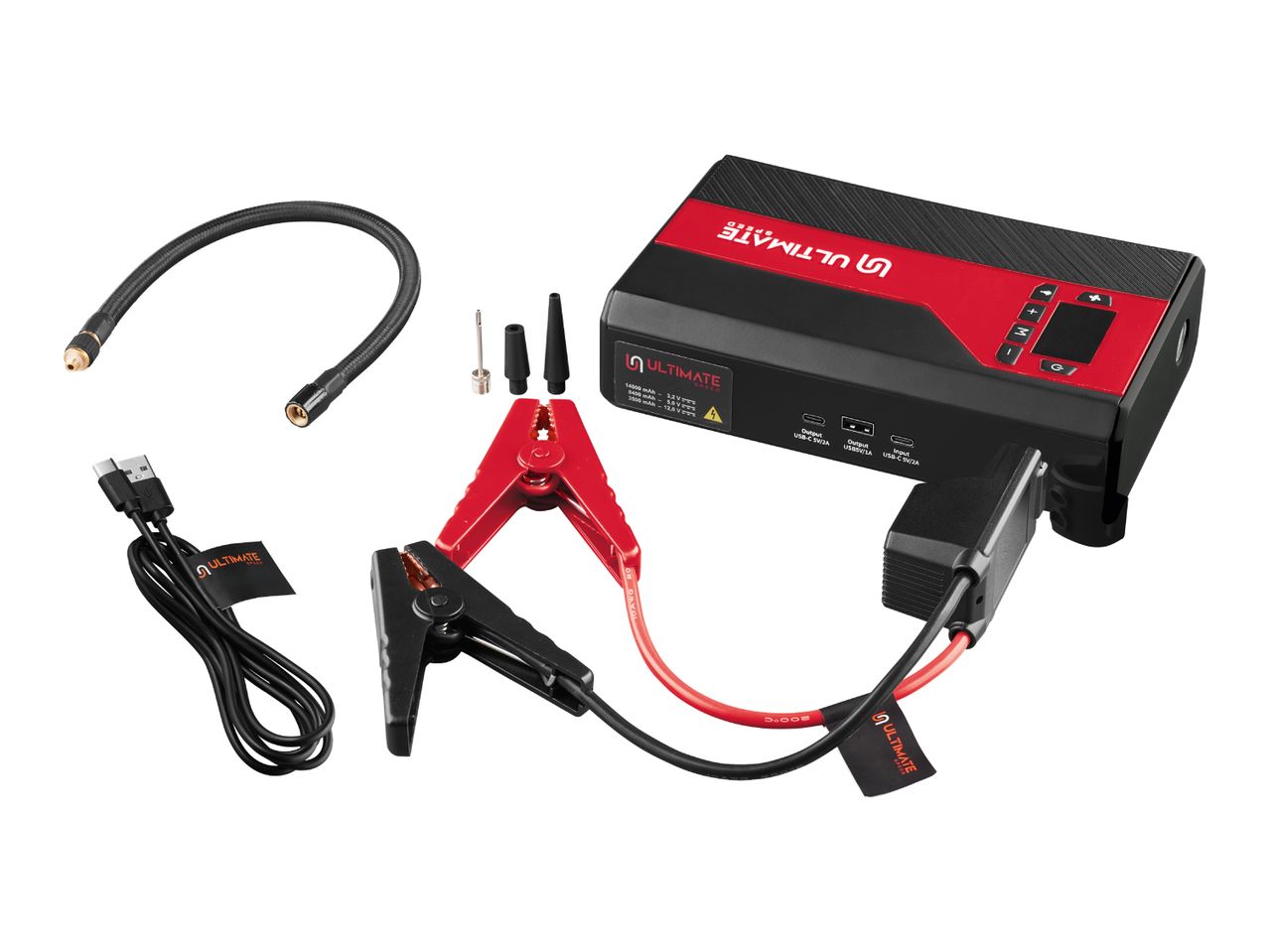 Portable jump starter with air compressor, jumper cables, USB cable, and various nozzles.