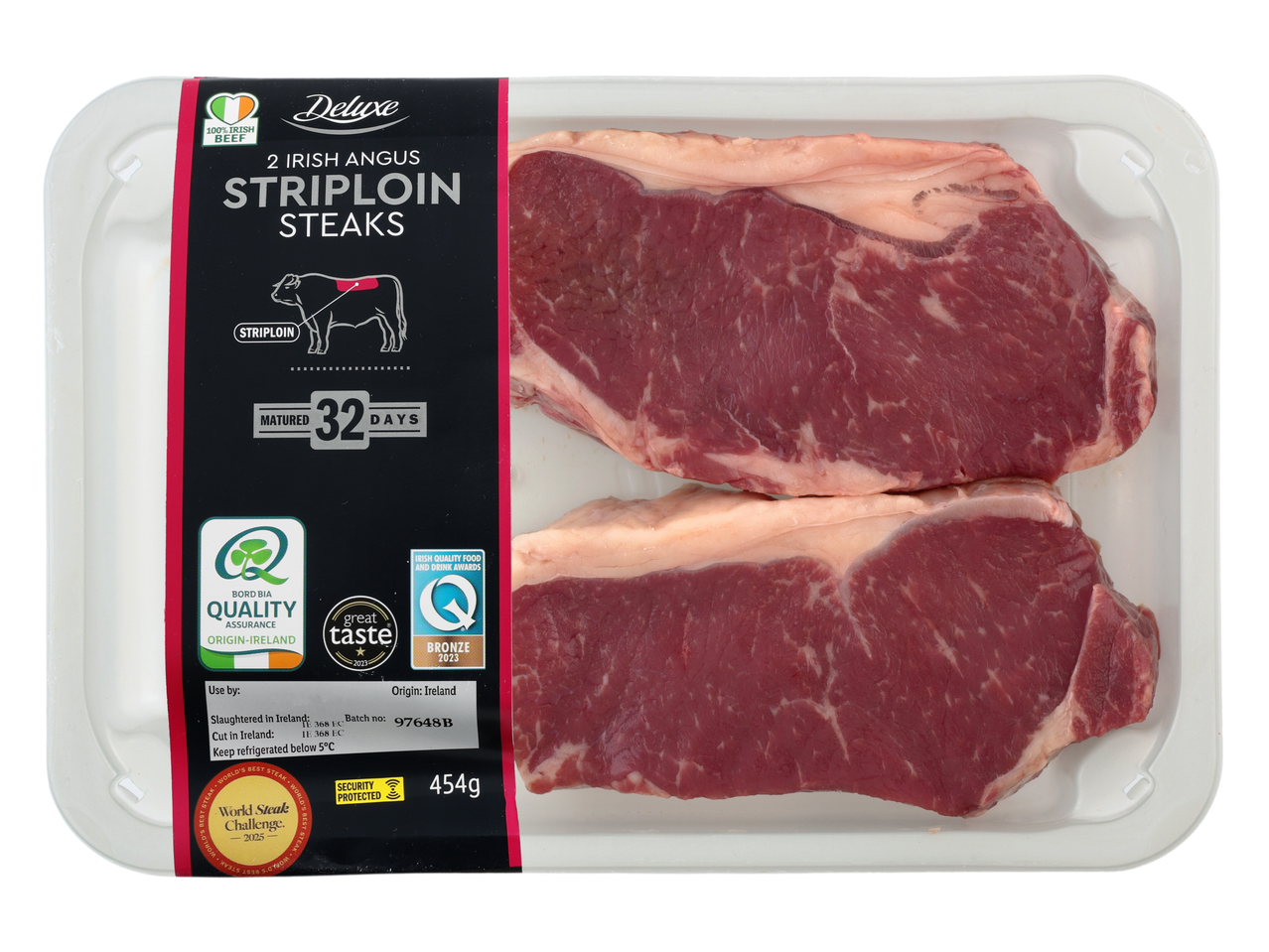 Pack of two Irish Angus striploin steaks, matured for 32 days, 454g.