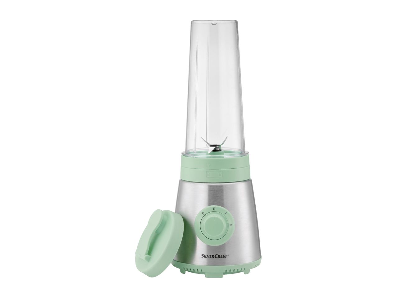 A light green and silver personal blender with a clear blending cup and an open lid next to it.