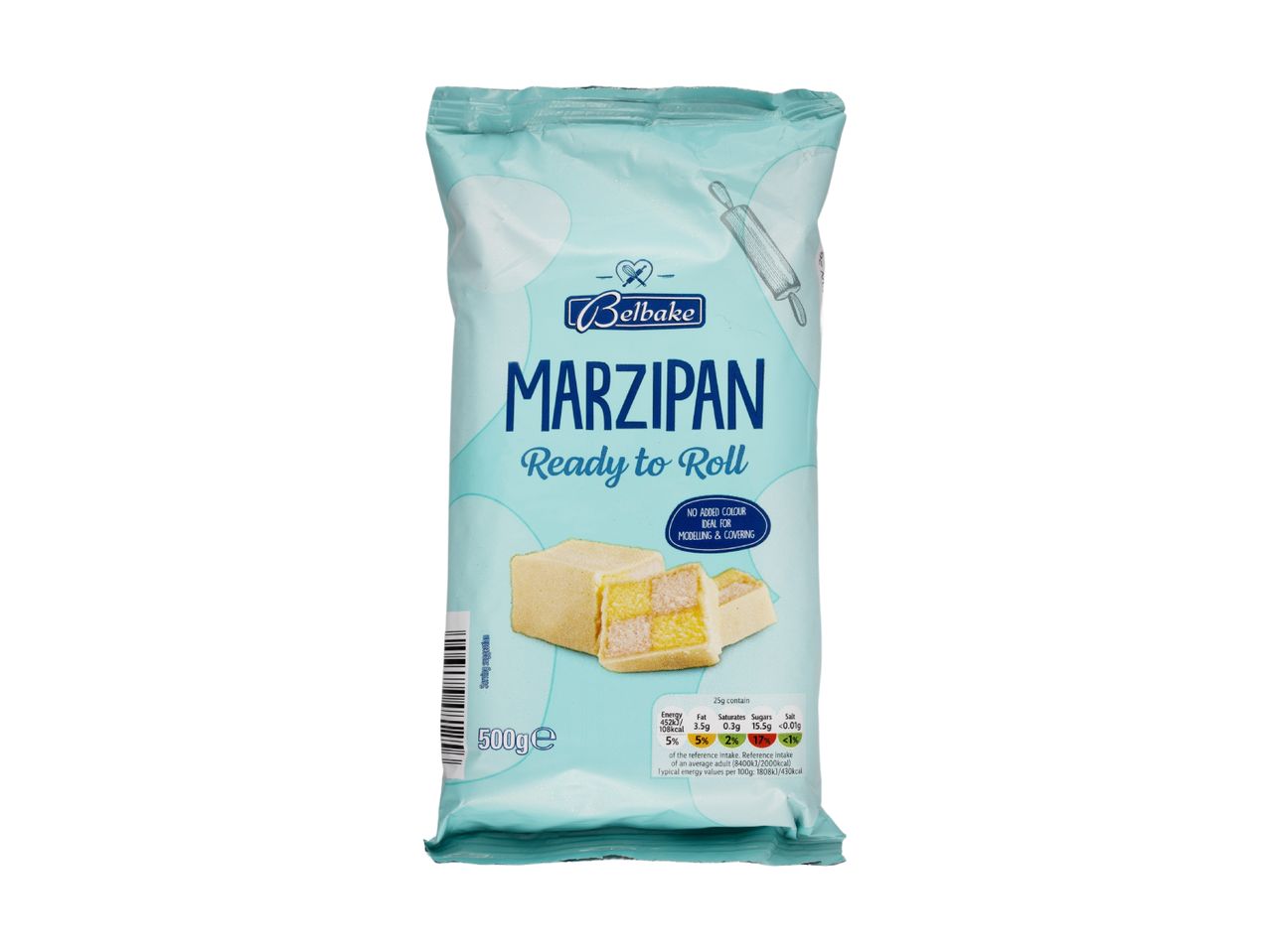 A light blue package of Belbake Marzipan, ready to roll, with nutritional information.