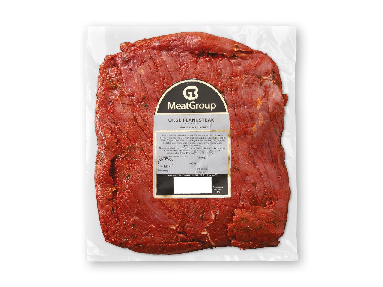 Marineret okseflanksteak fra MeatGroup i vakuumpakning.