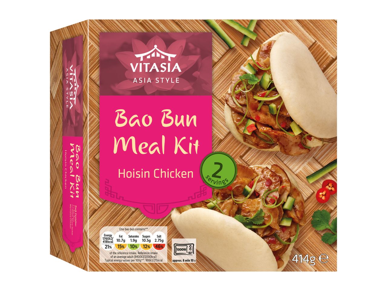 Bao Bun Meal Kit with Hoisin Chicken, showing two servings on a bamboo mat, with nutritional information and cooking instructions.