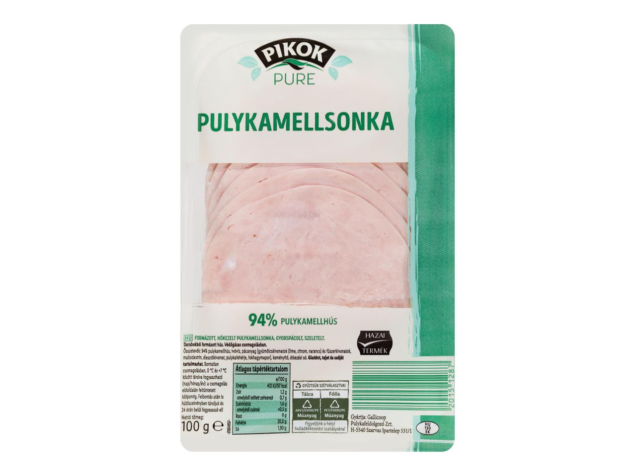 Pulykamellsonka szeletek átlátszó csomagolásban, zöld címkével és tápérték adatokkal.