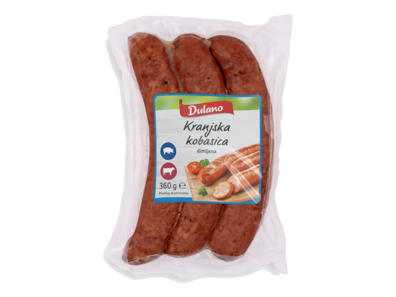 Pakovanje Dulano Kranjske kobasice, dimljene, 360g.
