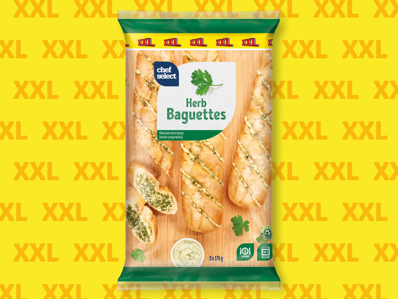 Опаковката на Chef Select XXL херб багети е показана на жълт фон.