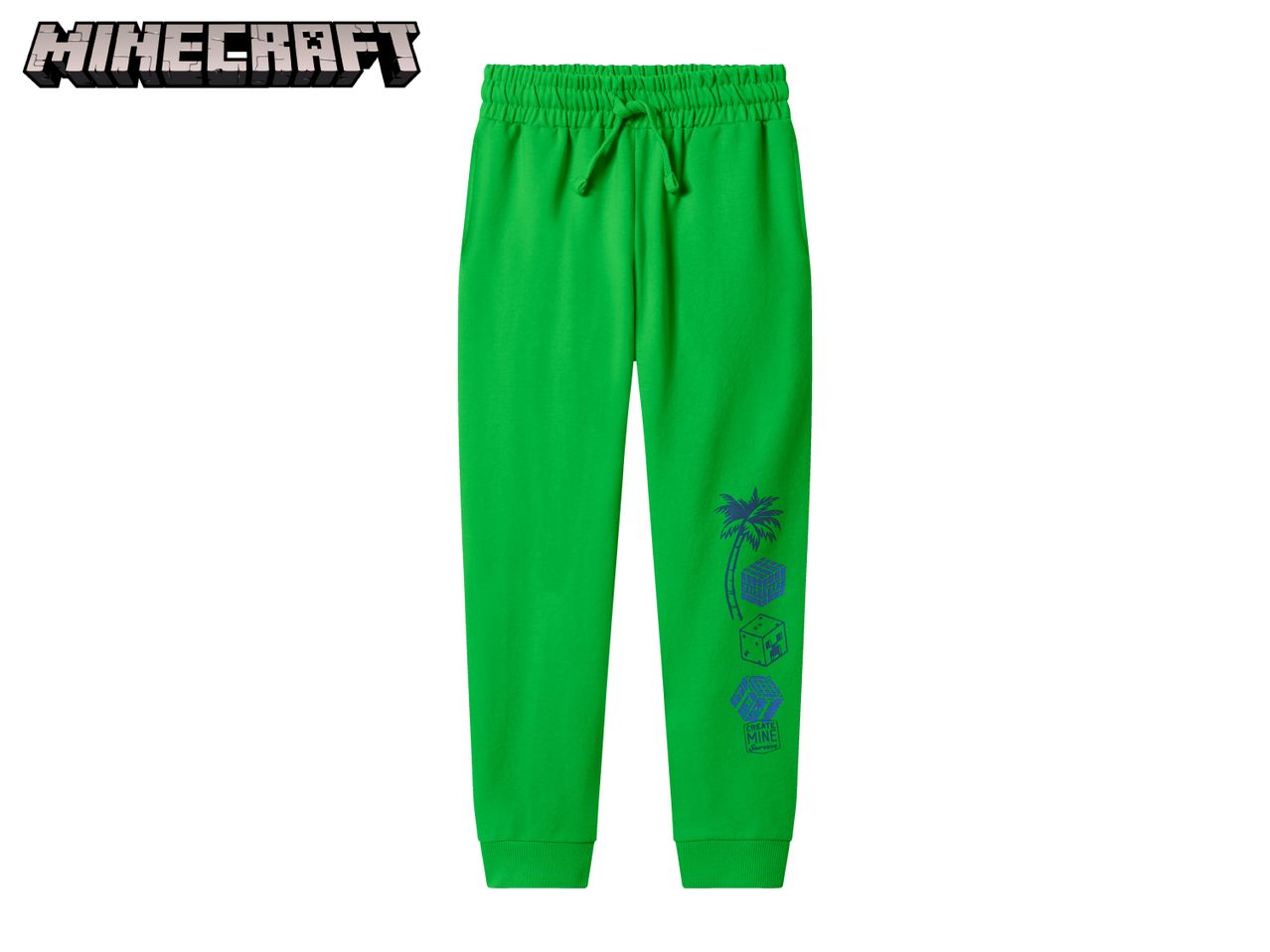 Green joggers with a Minecraft-themed graphic featuring a palm tree and blocks.
