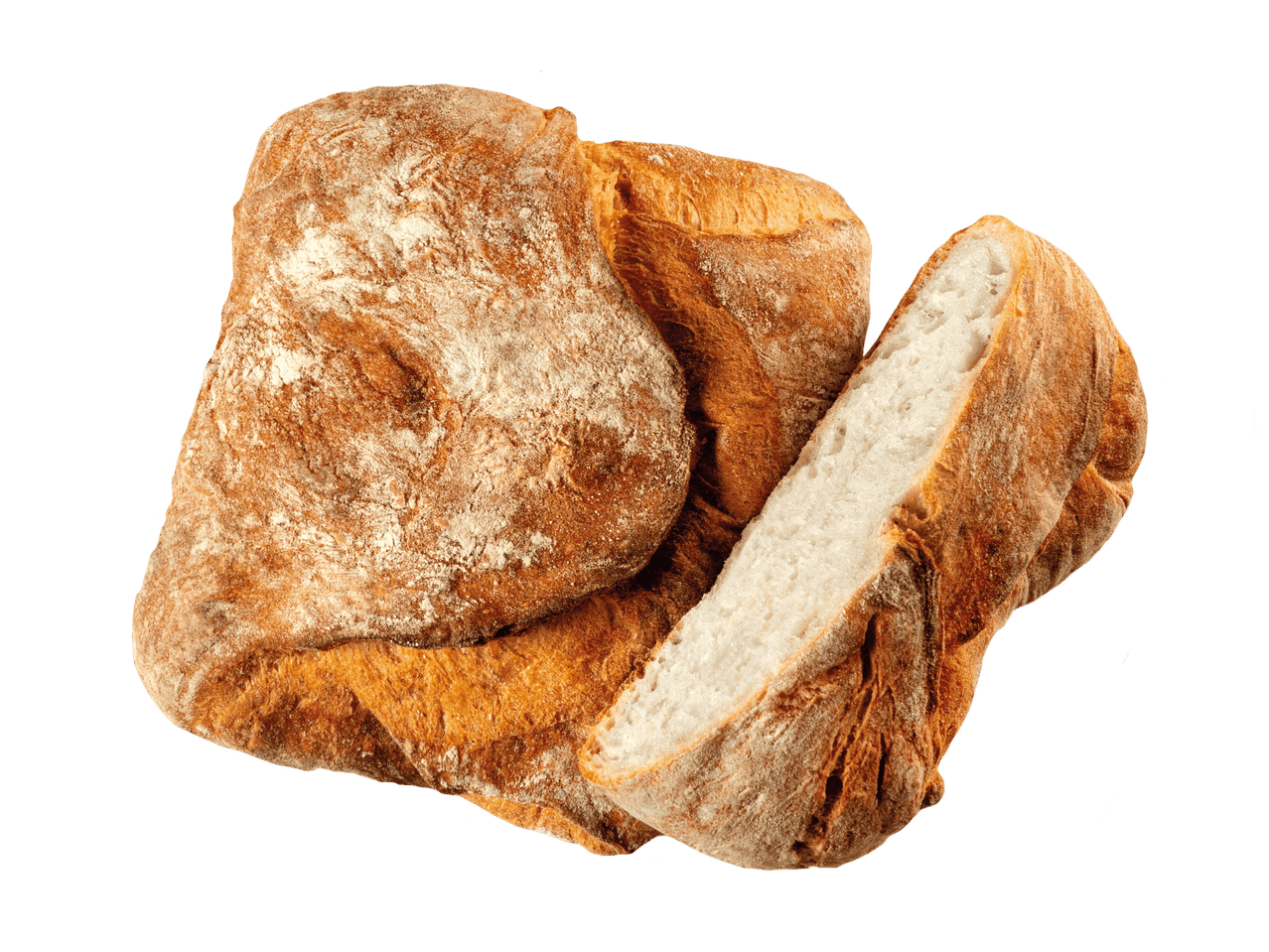 Zwei Laibe Ciabatta-Brot, einer davon aufgeschnitten, auf schwarzem Hintergrund.