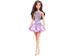 Barbie doll with long brown hair, wearing a sparkly purple dress and silver heels
