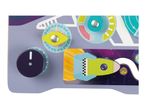 A space-themed activity board with a rocket, dials, and a compass.