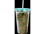 Glitter tumbler with straw; red, green, and gold glitter.