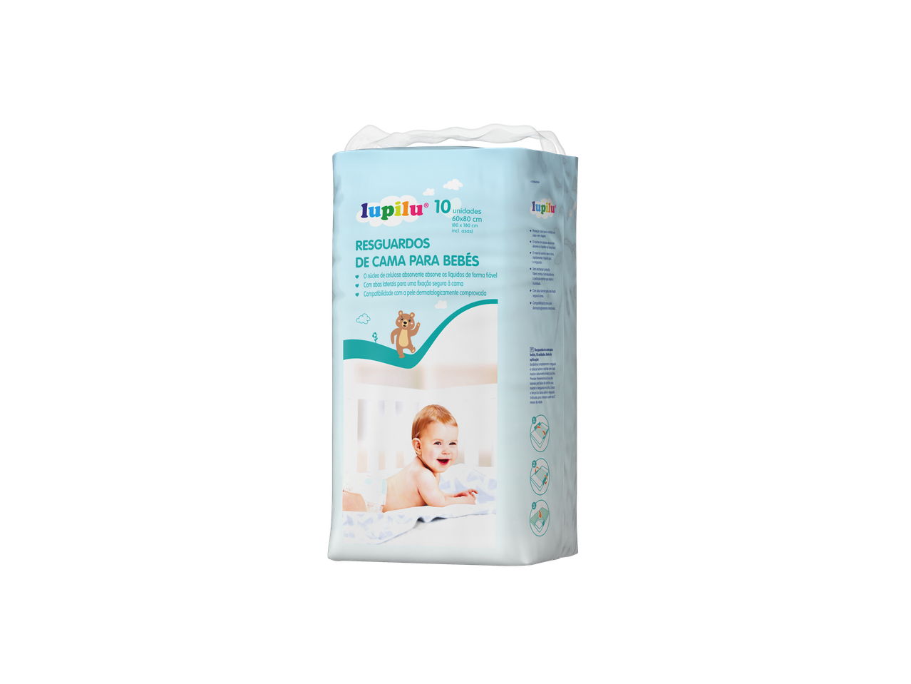 Resguardos de cama para bebés Lupilu, 10 unidades, 60x80 cm, com um bebé sorridente na embalagem.